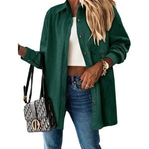 Women Blackish Green Collared V Neck Button Down Oversized Long Sleeve Shirt Top
